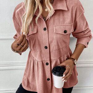 Baby Pink Casual Women's Front Button Ruffled Hem Jacket